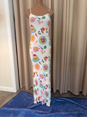 Princess Polly White Maxi Slip Dress with Multicolor Floral & Fruit Print NWOT